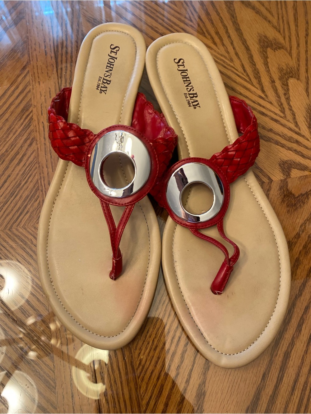 St. John's Bay Red Braided Toe-Post Sandals with Silver Circle Accent